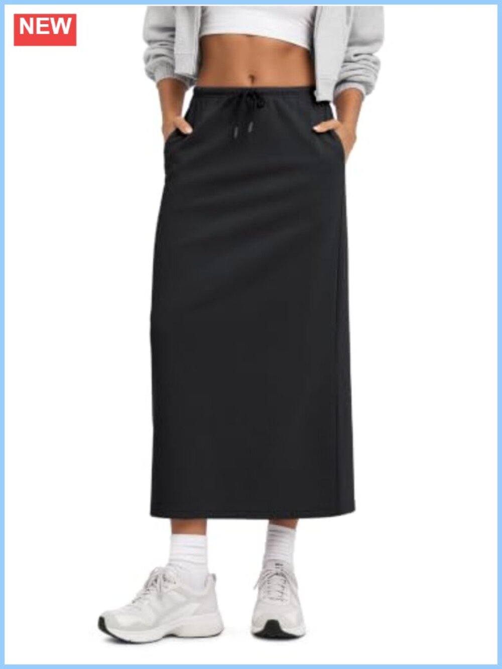 Women's Cotton French Terry Midi Pencil Skirt Back Split Drawstring Pockets